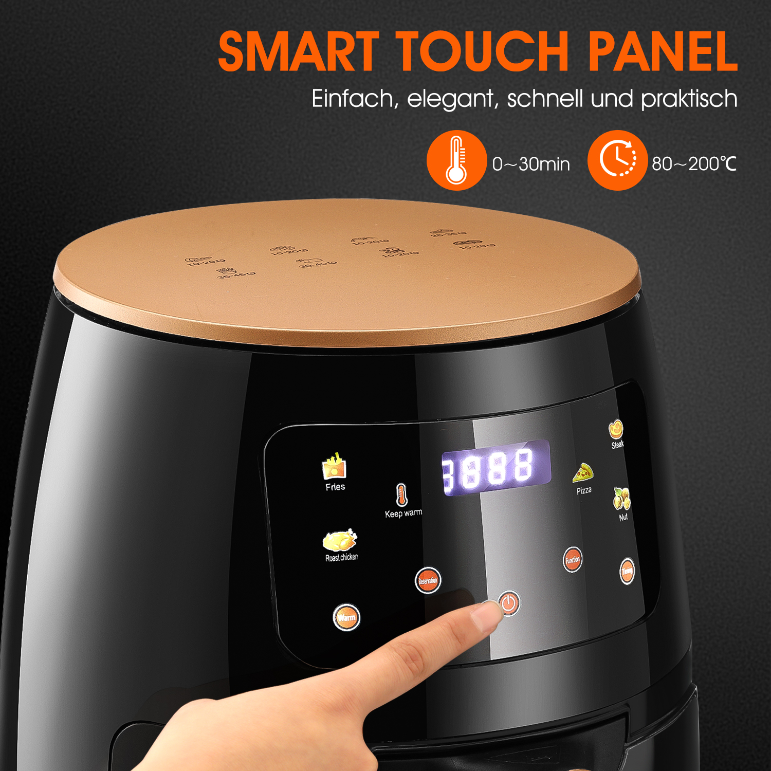 Heißluftfritteuse 6L Friteuse Heissluft ohne Öl XL, Air Fryer mit Sichtfenster LED-Touchscreen, 8 Programmen luftfritteuse 1400W, Einstellbare Temperaturregelung Gute Grillergebnisse