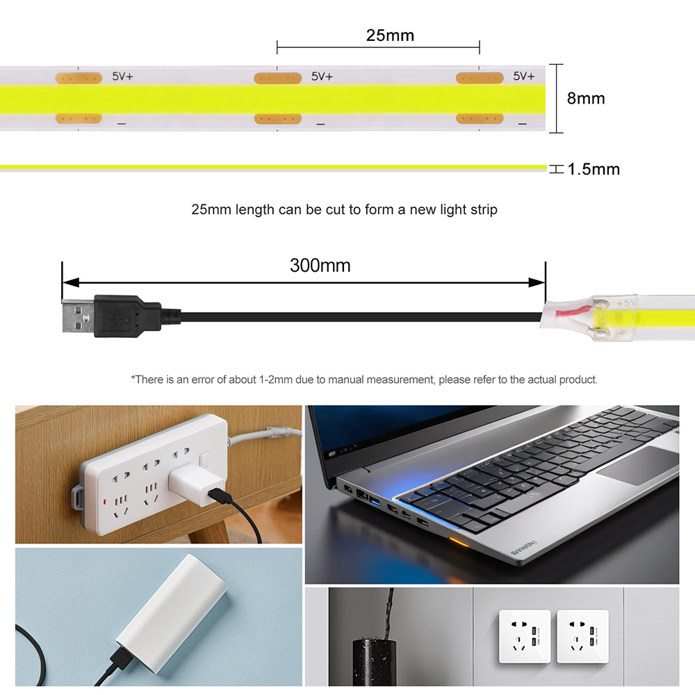 ใหม่ 5V USB COB Strip Light 320 LEDs/M สีขาวธรรมชาติตู้โคมไฟโคมไฟกลางคืนยืดหยุ่น LED ริบบิ้นลาย DC5V TV Backlight