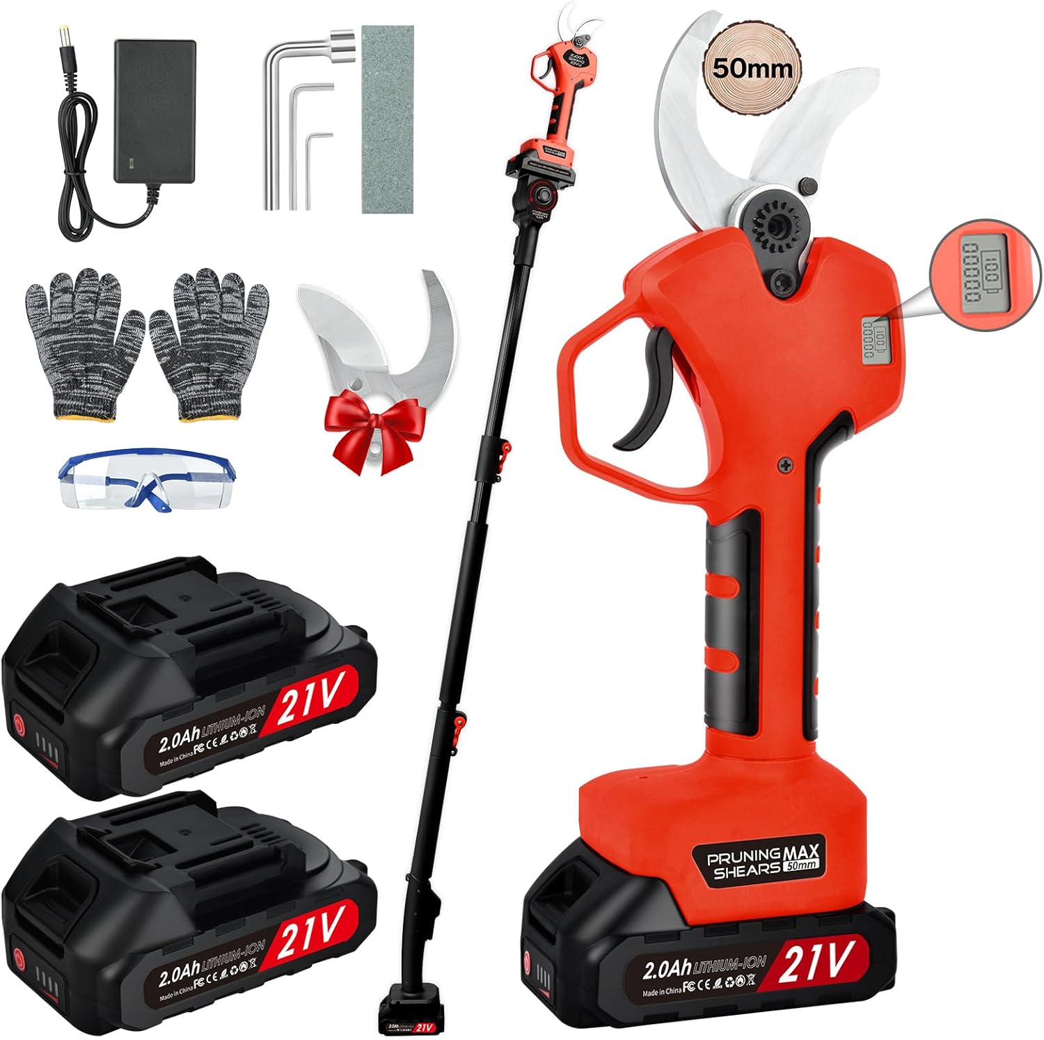 Tijera de Podar Electricas de 50mm con Telescópica Pértiga: Tijeras de Podar Bateria Profesional con 2 Baterías de 21V/2000 mAh-