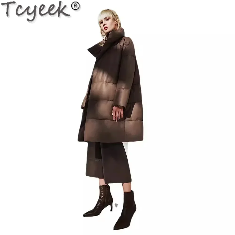 Tcyeek casaco de pele de carneiro de couro genuíno para mulheres jaqueta de comprimento médio jaquetas de inverno jaqueta de couro roupas femininas chaquetas