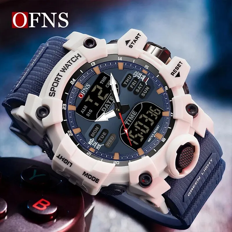 OFNS トップデュアルディスプレイメンズ腕時計防水スポーツウォッチ軍人アラームストップウォッチクォーツ腕時計男性デジタル時計
