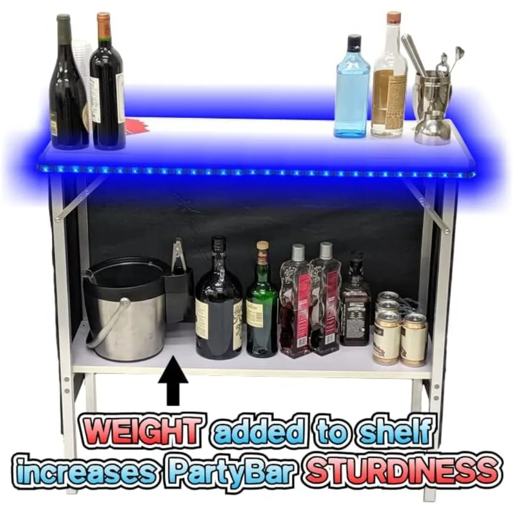 Folding Portable Party Bar w/ 16 LED Light Colors & Wireless Remote, White Surface, Black & Hawaiian Bar Skirts