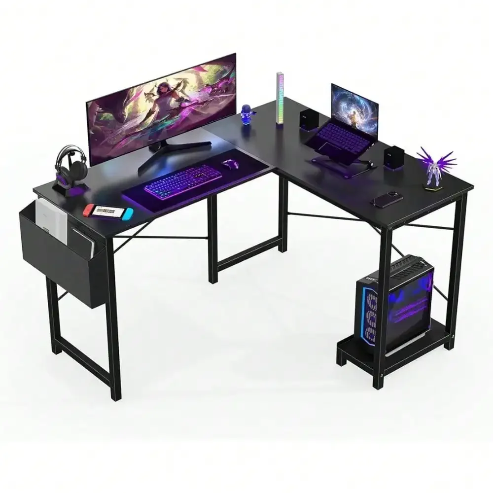 Home Office L Shape Corner Computer Desk Gaming PC Table with CPU Stand Side Bag