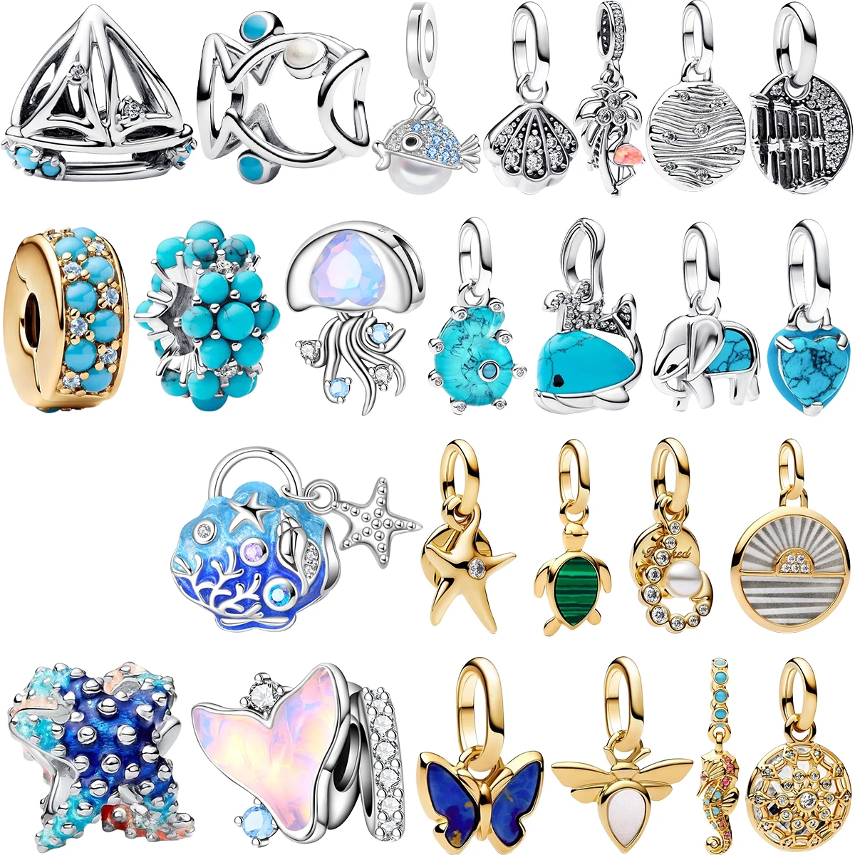 Breloque bleue d'été en argent Sterling 925, perles d'océan, coquille de poulpe, anneau de perles, boucles d'oreilles, Bracelet Original, collier, bijoux fins