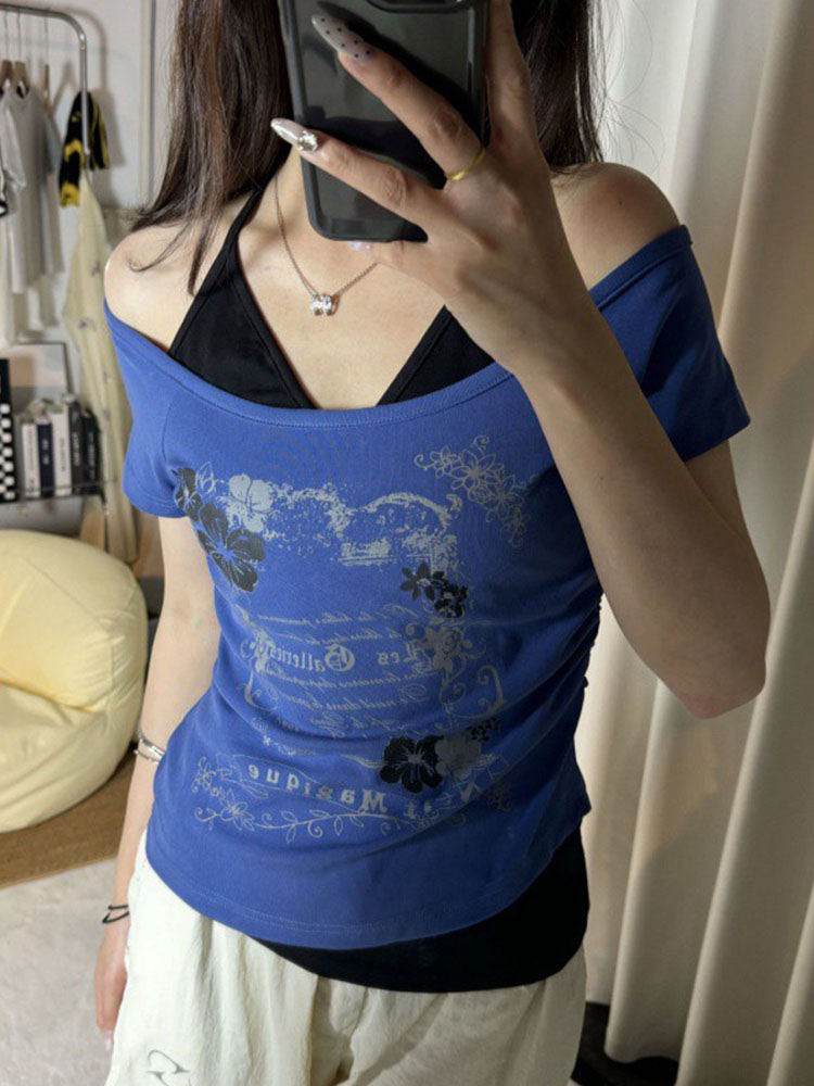 T-shirt vintage con lacci in due pezzi finti Y2k Top con stampa slim fit T-shirt da donna a maniche corte con spalle scoperte