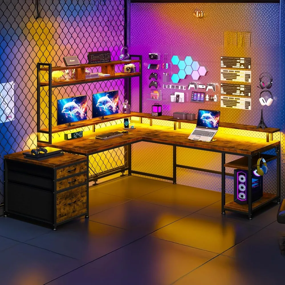 L Shaped Gaming Desk, Drawers & Storage Shelf Reversible Computer Desk with Monitor Stand & Power Outlets, LED Gaming Desk