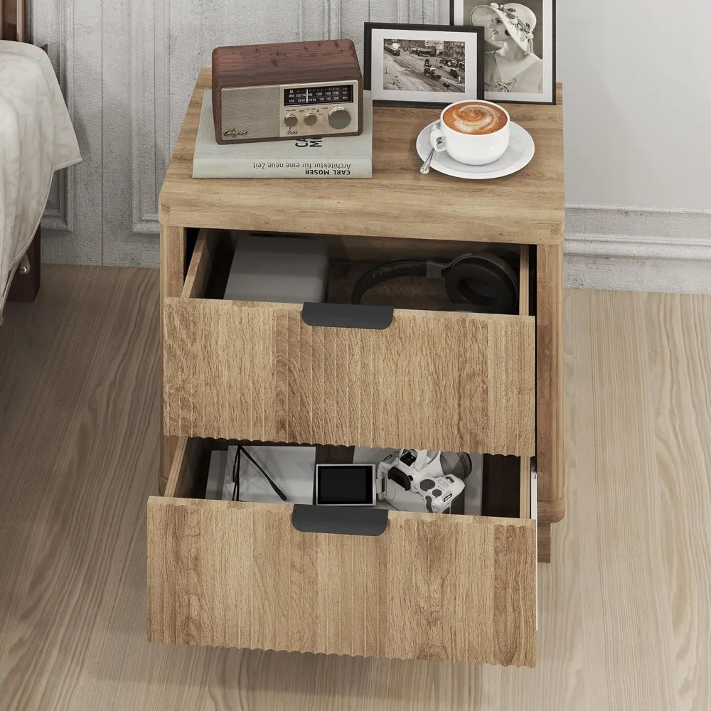 Fluted Nightstand with 2 Drawers Farmhouse Wood Oak Nightstands for Bedroom, Bedside Tables for Small Space,Sofa Side Table