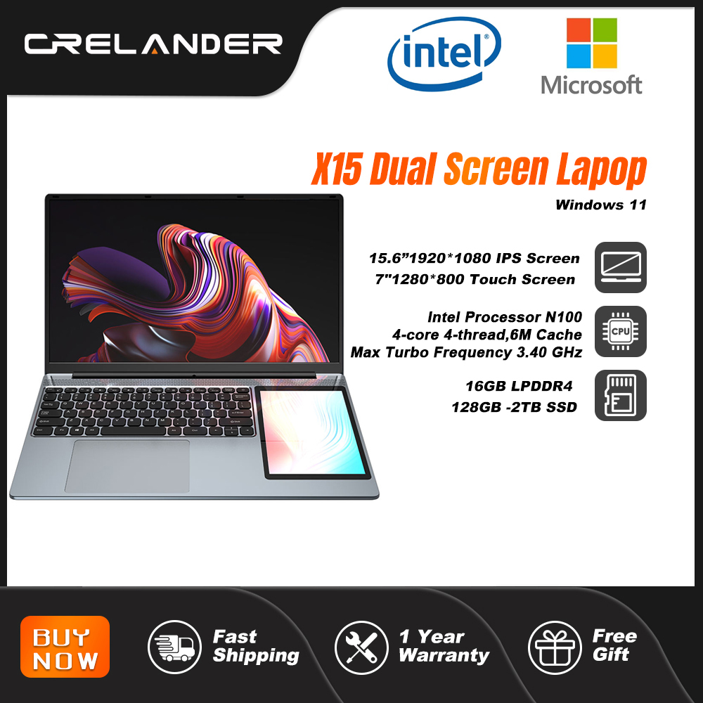 Crelander 15.6 "+ 7" double écran ordinateur portable Intel N100 16gb ddr4 RGB rétro - éclairé clavier ordinateur portable console de jeu écran tactile