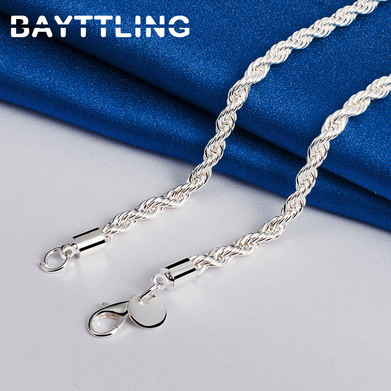 Accesorios de plata de ley 925 para hombre, 4MM, 40-60cm, 2 uds., collar de cadena de cuerda, pulsera, joyería de regalo de boda a la moda para mujer