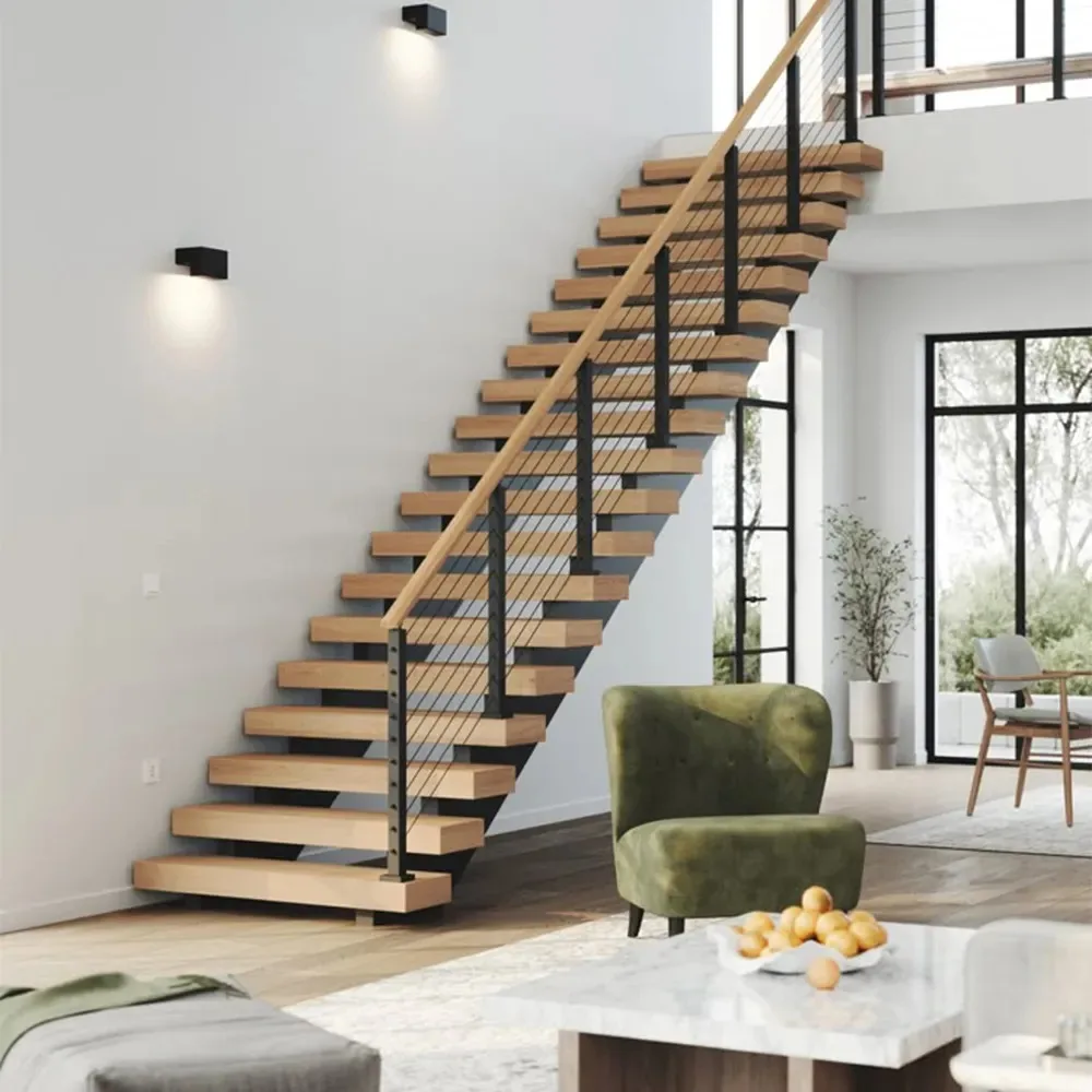 Modern Design Second Floor Indoor Staircase Handrail Solid Wood Tread Step Lights Mono Stringer Metal Railing