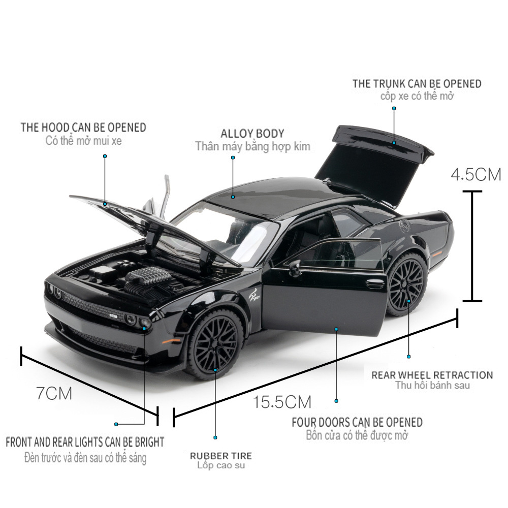 1:32 Challenger Hellcat STR Red Eyes Speelgoedauto Gegoten voertuigen Metalen auto's Decoratie Trek modelauto's terug met geluid en licht