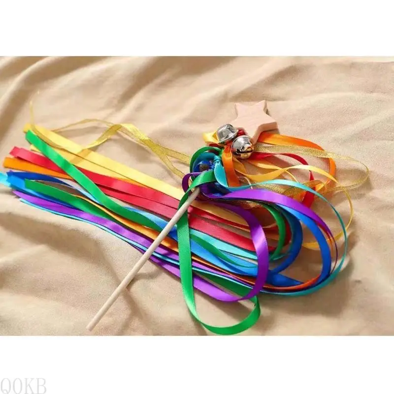 Q0kb学習木製レインボーリボンラトルハンドカイトおもちゃベビー感覚シャワーギフト