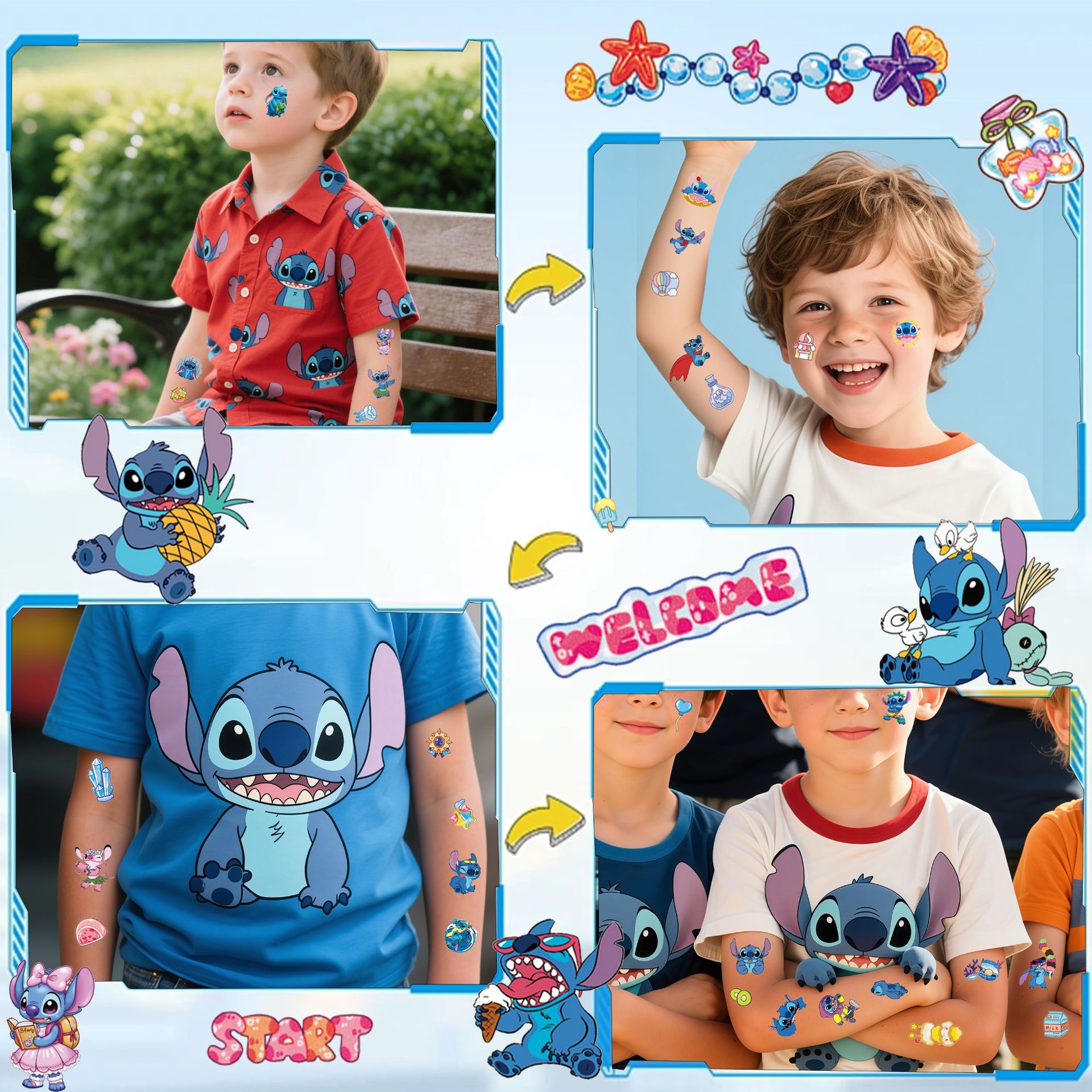 4Sheets Disney Cute Cartoon Lilo & Stitch Stickers DIY Diary Tattoo Stickers Stitch Birthday Party Decoration Fun Classic Toy