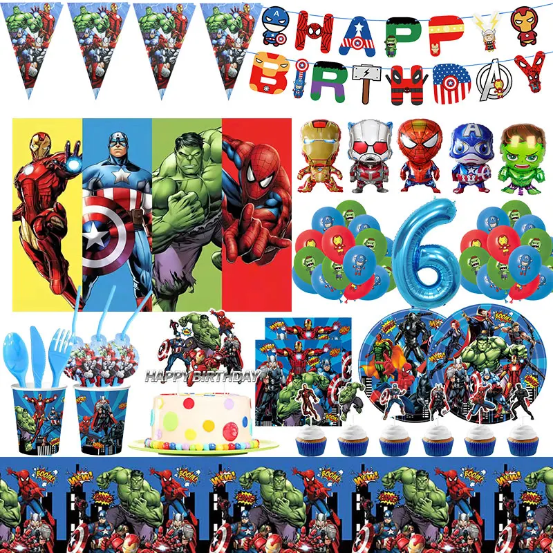 Decoración de cumpleaños de Marvel, vasos de papel, platos, suministros para fiestas de Los Vengadores, vajilla, mantel, telón de fondo, globos de superhéroe, recuerdo para niños