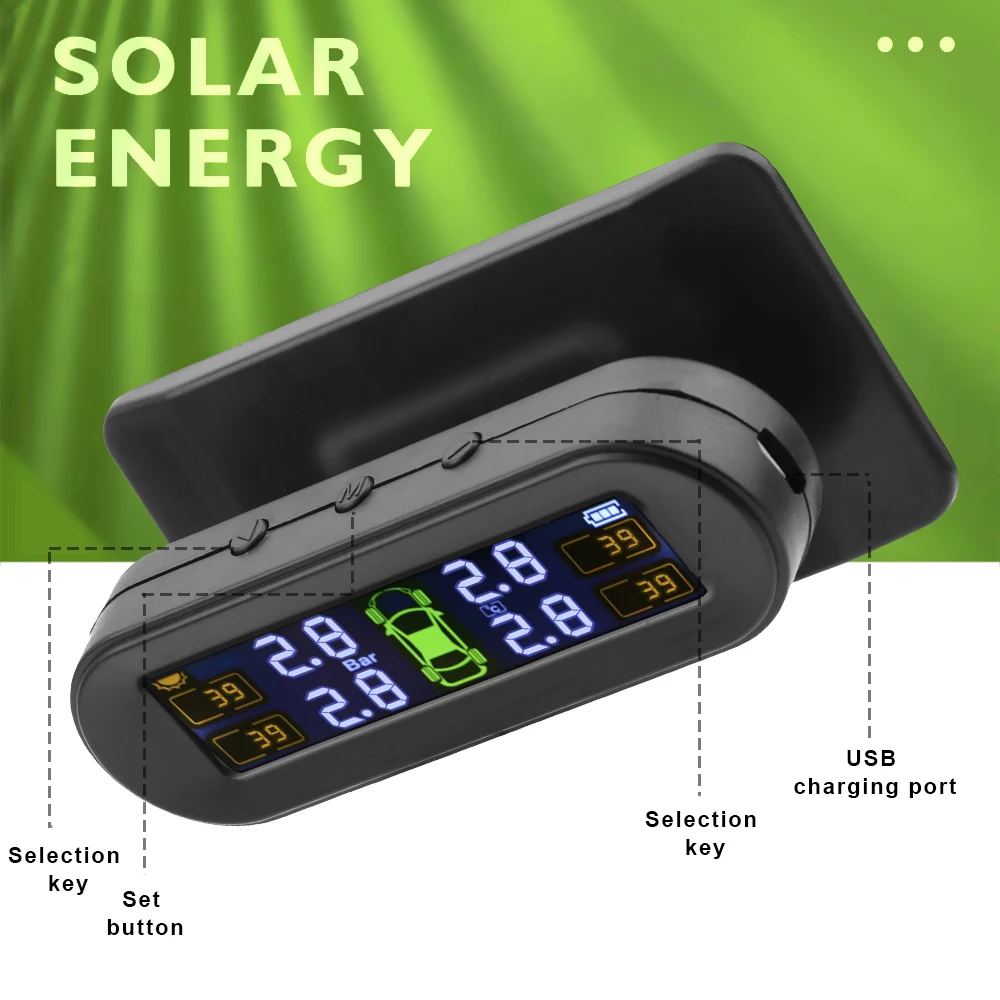 Sistema de supervisión de presión de neumáticos, advertencia de temperatura, nueva versión de batería externa C, sensores solares TPMS, Monitor de presión de neumáticos de coche