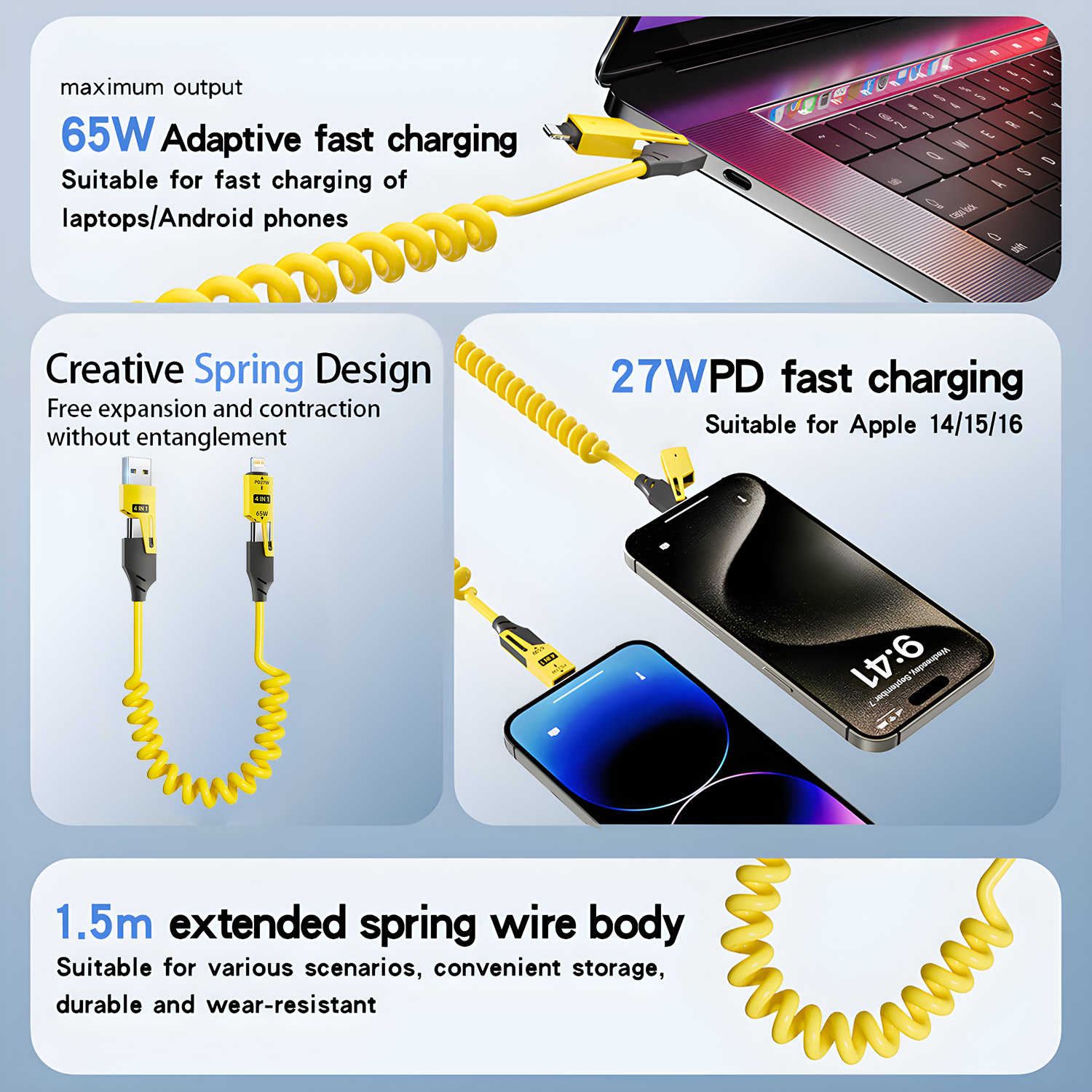 65W 4 in 1 Spring Short Data Cable 6A USB Type C Spring Telescopic Quick Charger Wire Spring USB Cable for iPhone iPad MacBook