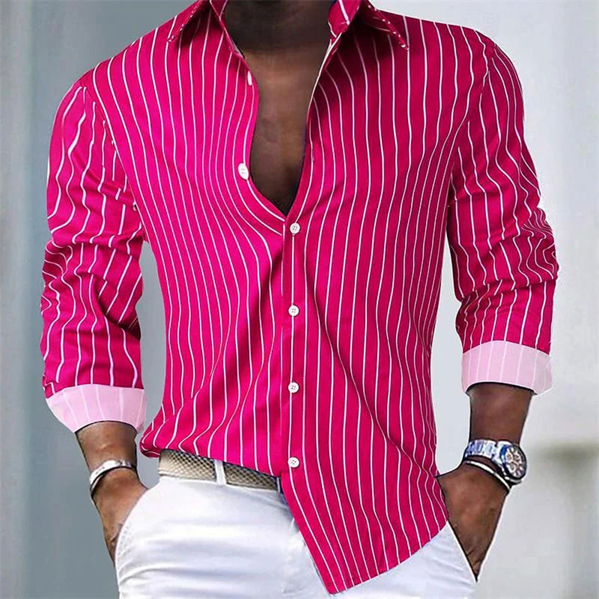 Camisa holgada a rayas a la moda para hombre, camisa informal transpirable con botones de solapa, camisa de manga larga, Top de tela suave y cómoda