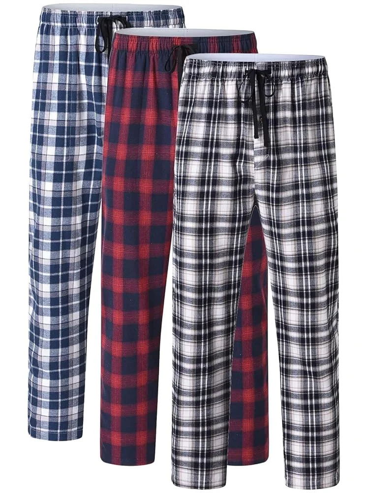 3 pçs masculino 100% algodão xadrez pijama calças de dormir, longo xadrez impressão pijamas calças com cintura elástica homewear
