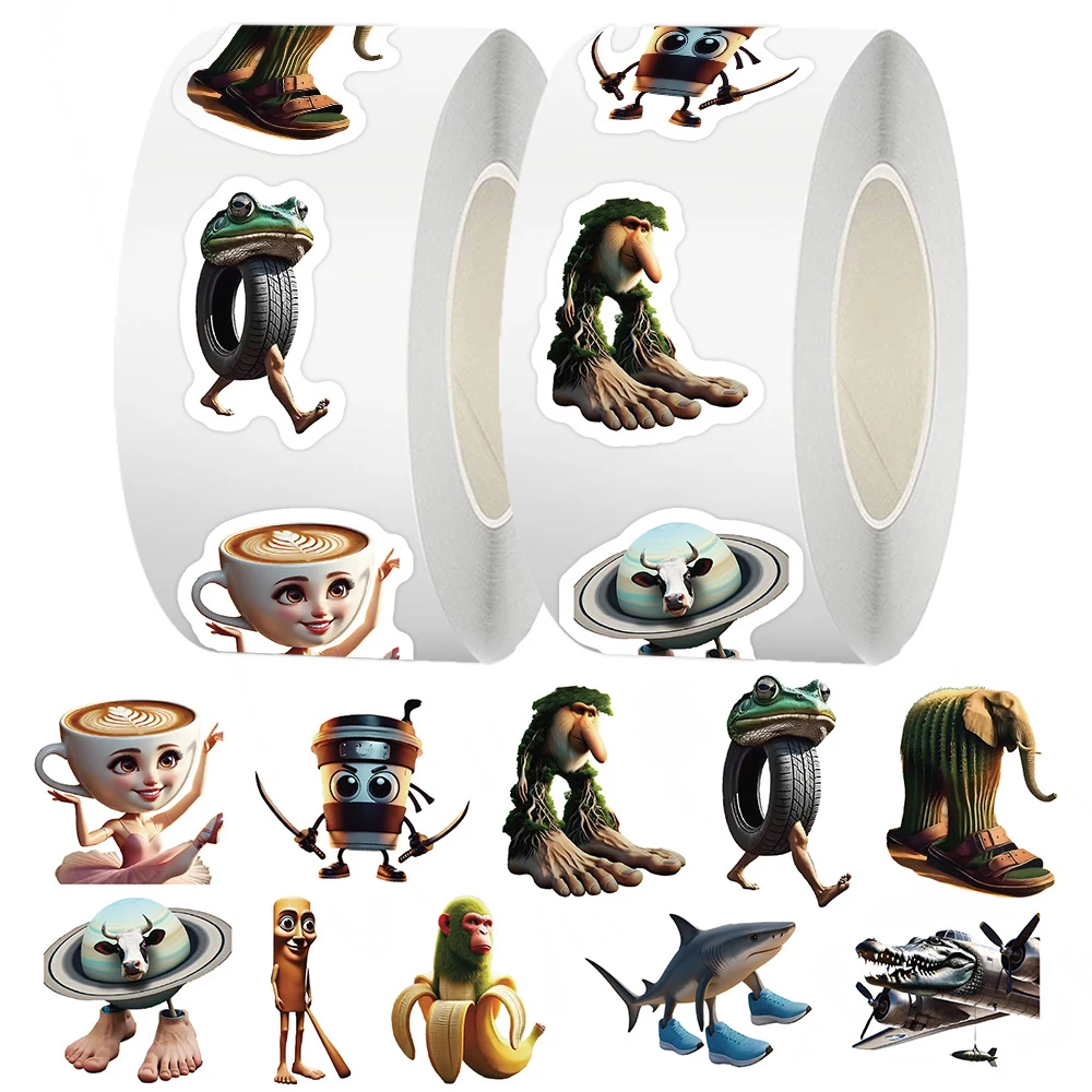500pcs/Roll Tung Tung Sahur 이탈리아 Brainrot AI Abstrac 동물 씰링 스티커 노트북 데칼 장식 Stiker 보상 선물 완구
