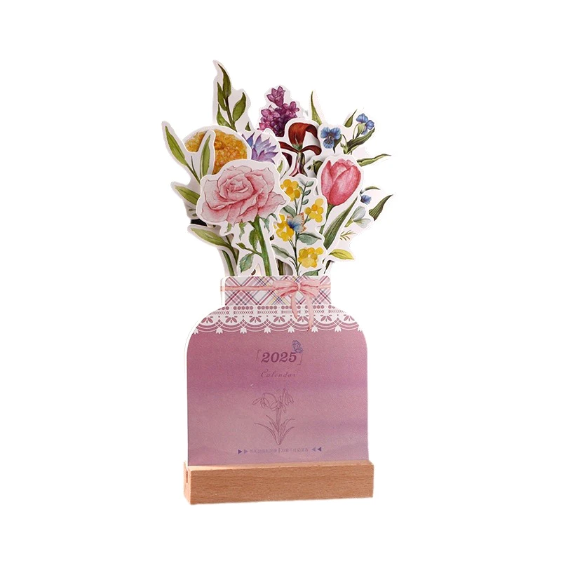 2025 Flower Desk Calendar Creative Wooden Card Calendar High Quality Desktop Calendar Illustrator Card Insertion Calendar