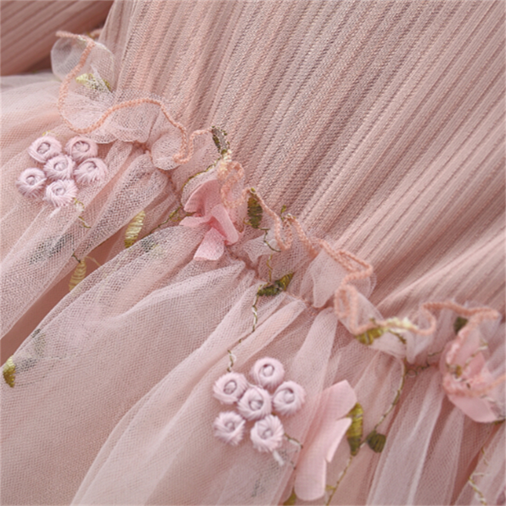 Neues süßes langärmliges Mädchen kleid Frühling und Herbst Baby einfarbiges Oberteil, das zwei Bogen blumen netz kleid spleißt