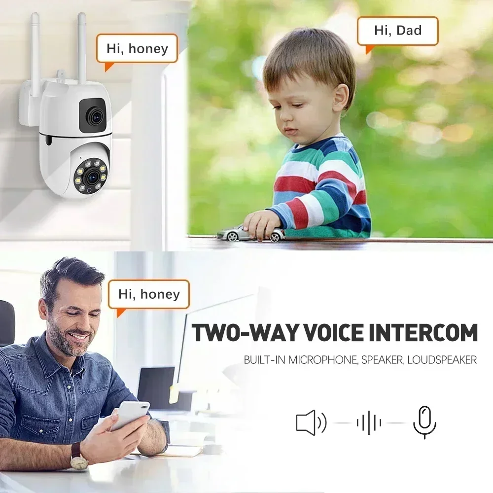 Cámara Wifi de 8MP, cámaras de seguridad inalámbricas para exteriores con doble lente, Audio bidireccional, visión nocturna en Color, Monitor de bebé, cámara inalámbrica de detección
