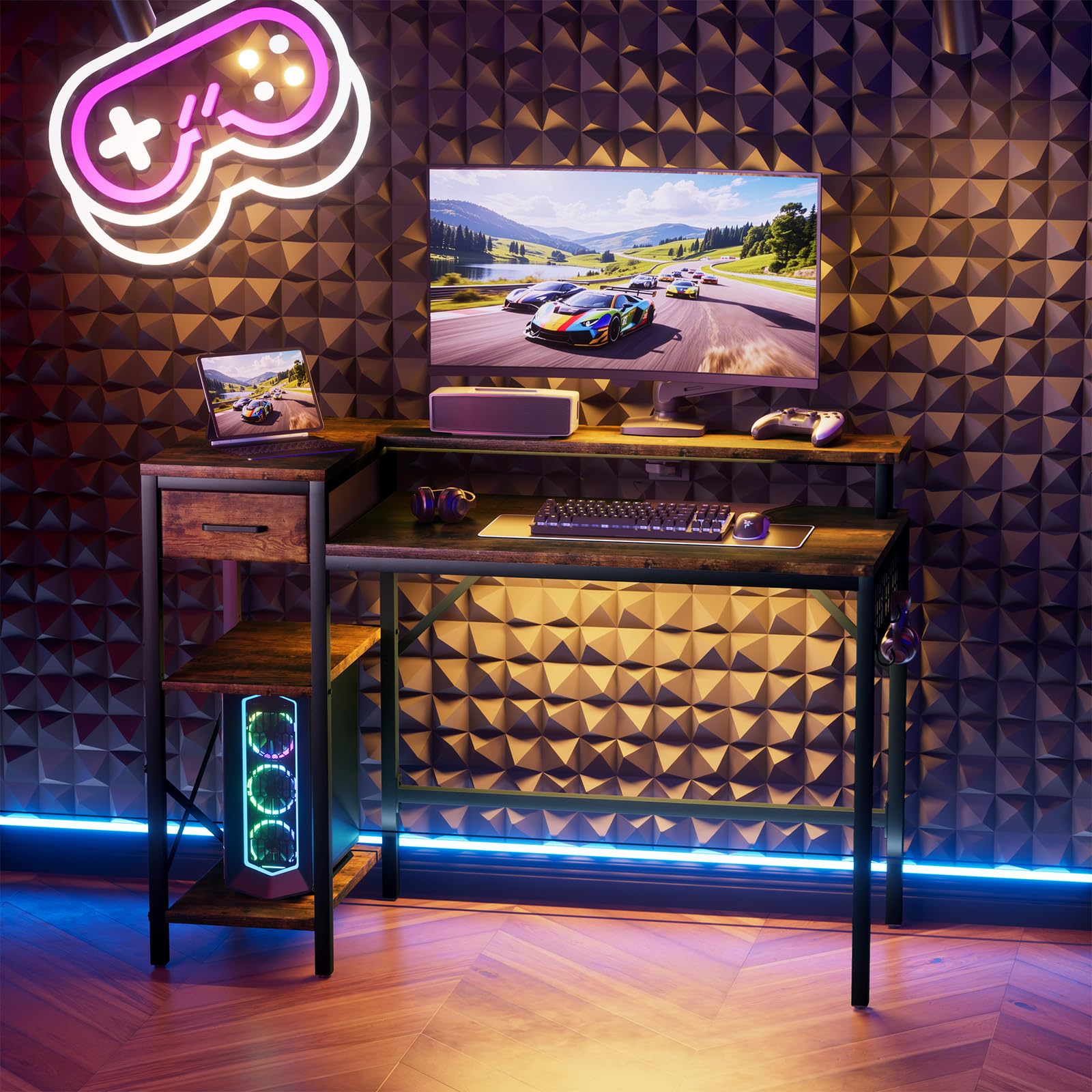 Bureau d'angle en chêne et thé, table PC en forme de L de 120 cm avec étagères réglables et design vintage, table de bureau/jeu