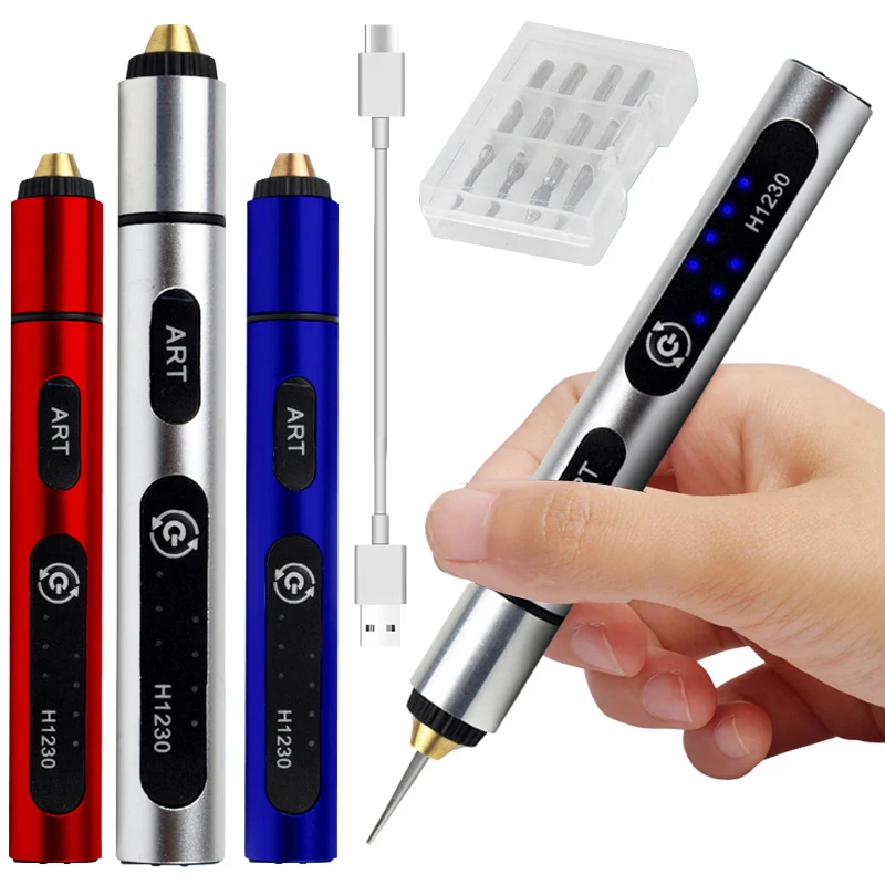 Mini taladro inalámbrico, pluma de tallado eléctrico, taladro inalámbrico USB de 3 velocidades, herramientas rotativas, pluma grabadora para tallado de sellos de Jade de Metal y madera