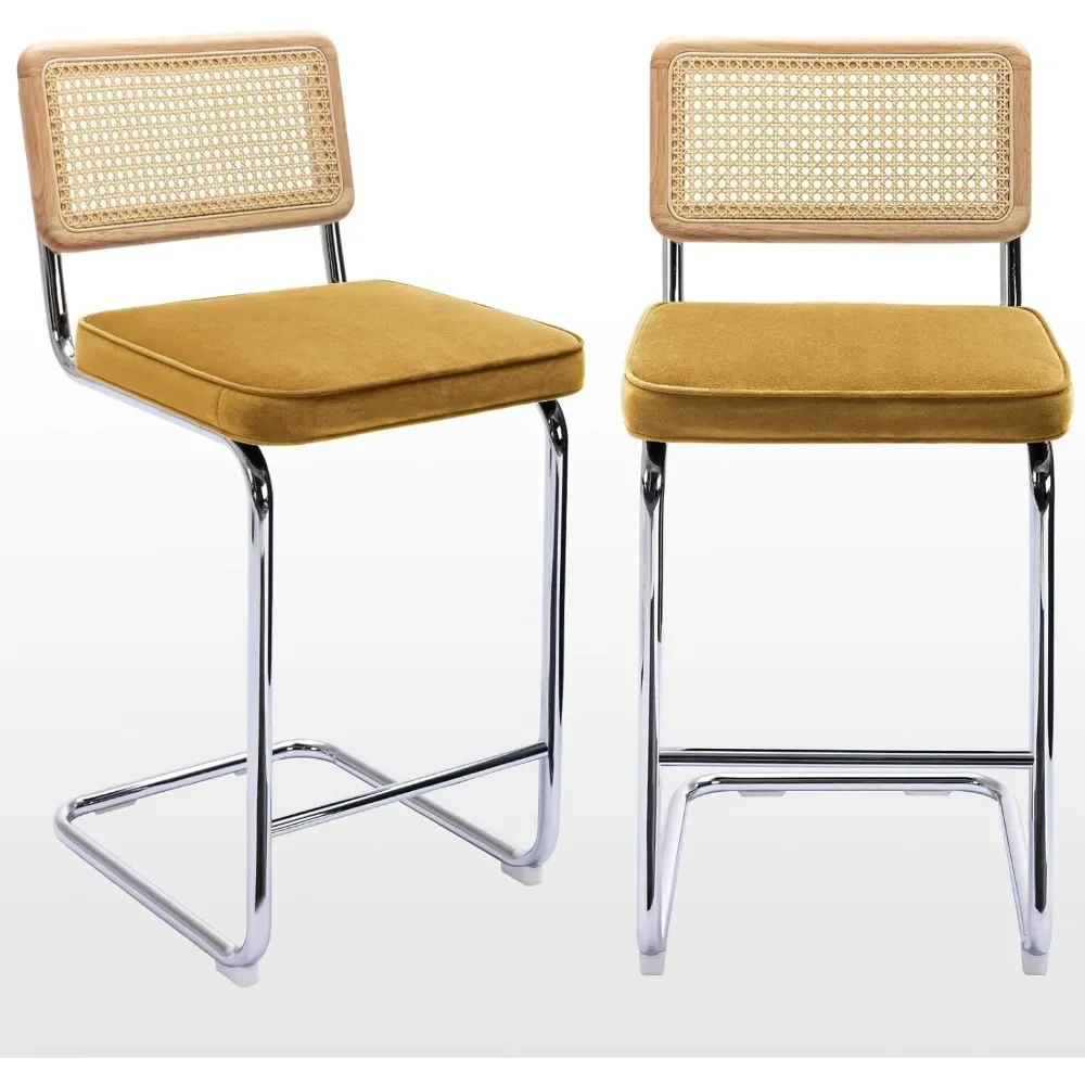 Natural Rattan Bar Stools Set of 2, 26'' Modern Counter Height Stools, Yellow Velvet Counter Height Chairs