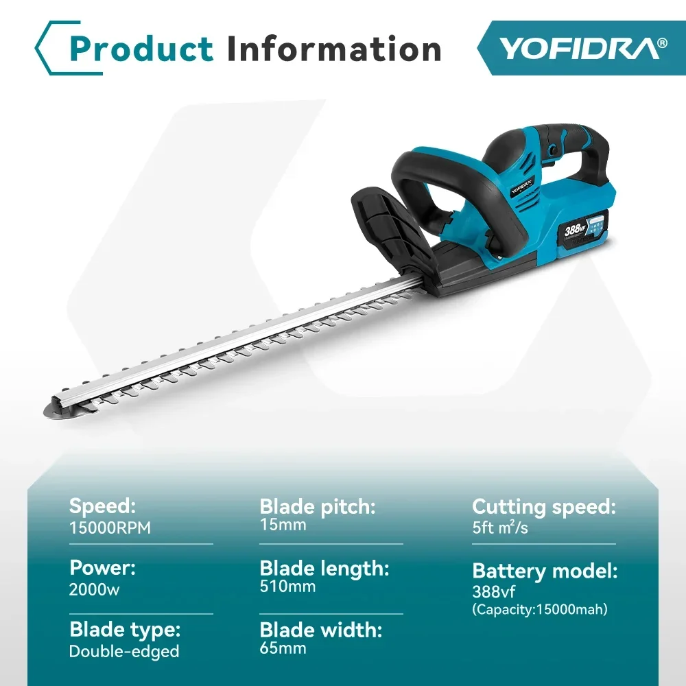 YOFIDRA 2000 W Elektrische Heckenschere 15000 U/min Rasenmäher Garten Landschaftsbau Heckenschere Trimmer Werkzeug Für 21 V 18 V Batterie