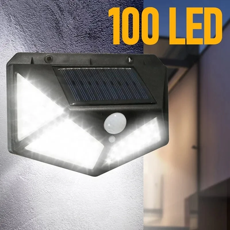 100 LED-Solar-Wandleuchte, 4-seitig leuchtend, mit Bewegungssensor, menschliche Induktion, Innenhof, wasserdichte Treppen-Außenwandleuchte