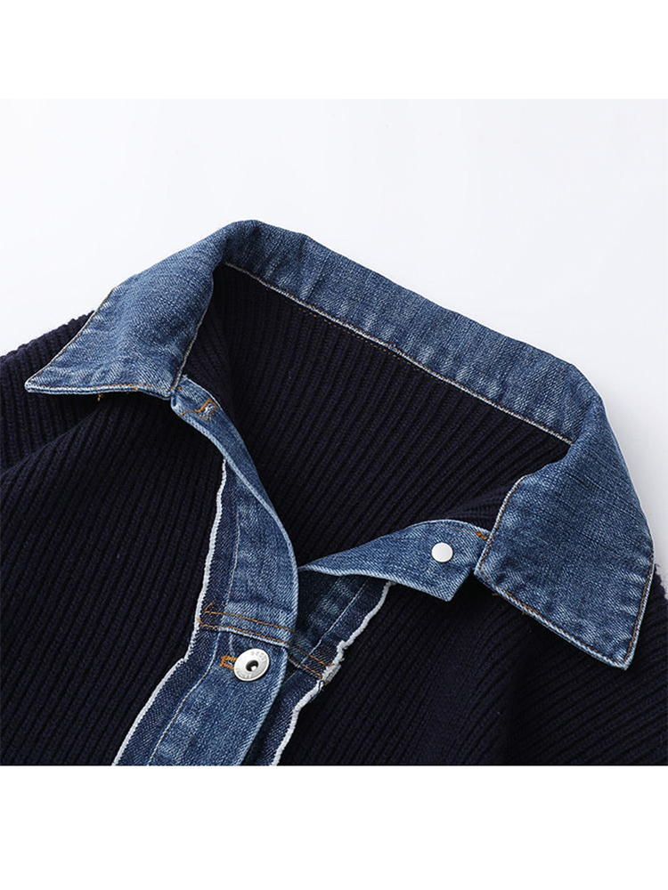 ฤดูใบไม้ร่วงฤดูหนาววินเทจเกาหลีแฟชั่นผู้หญิง DENIM Patchwork เสื้อสเวตเตอร์ถัก Single-breasted เสื้อกันหนาว Lapel เสื้อถัก Chic Aesthetic Stylish