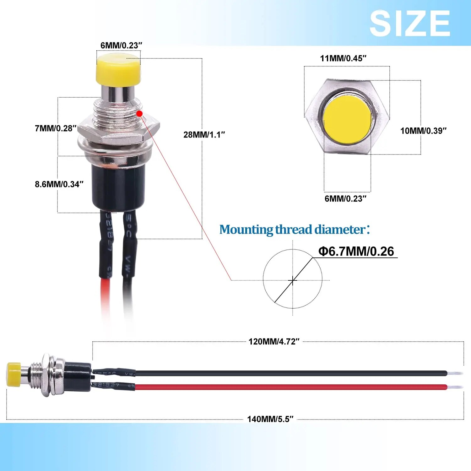 6 pezzi 1A 250 V CA 2 pin SPST 6 colori Mini interruttore a pulsante momentaneo normalmente aperto con cavi pre-saldati