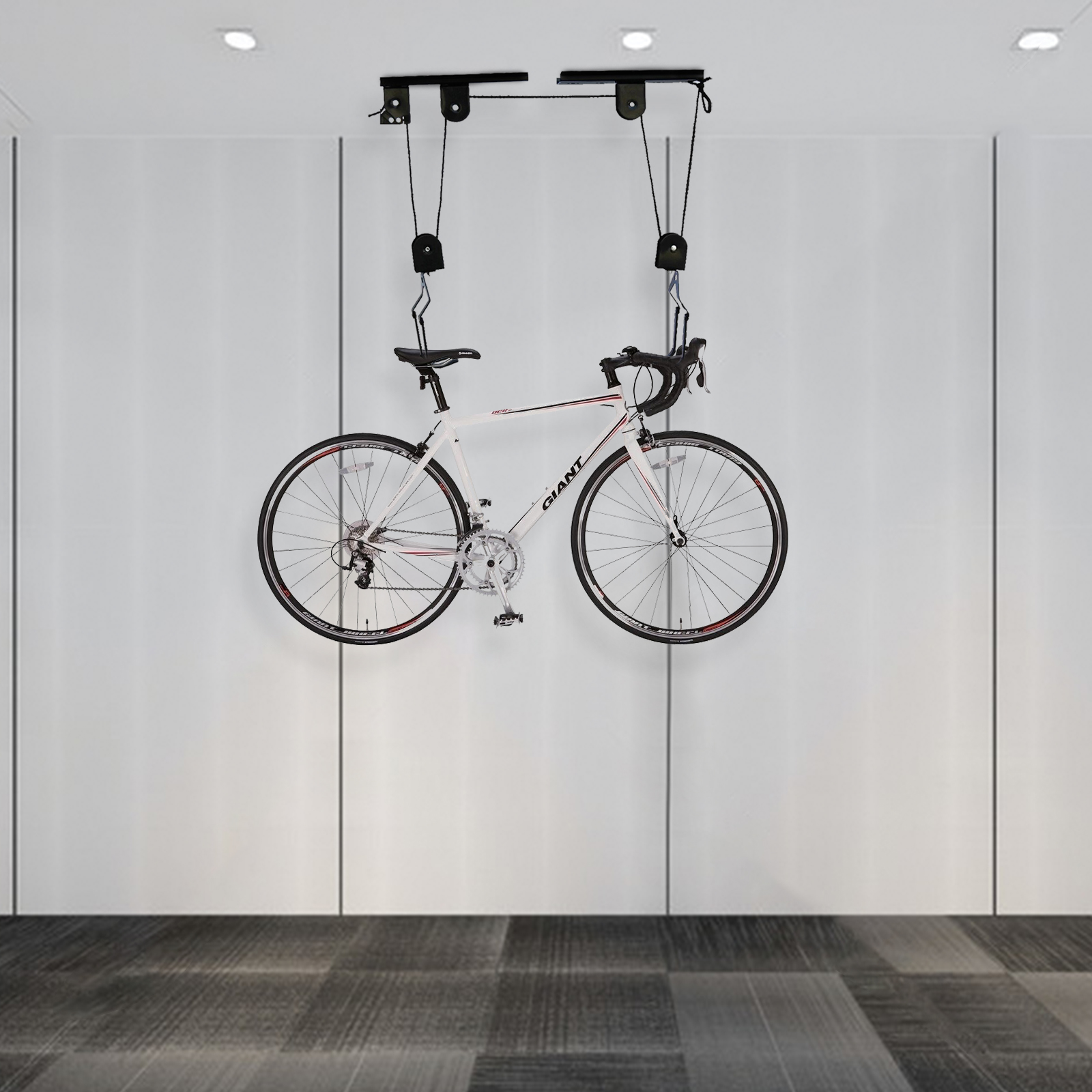 Sollevatore per bicicletta Paranco per bici Garage Montaggio a soffitto Sistema di pulegge Ganci per rack Set di grucce per bici 60 kg per esposizione di stoccaggio per garage