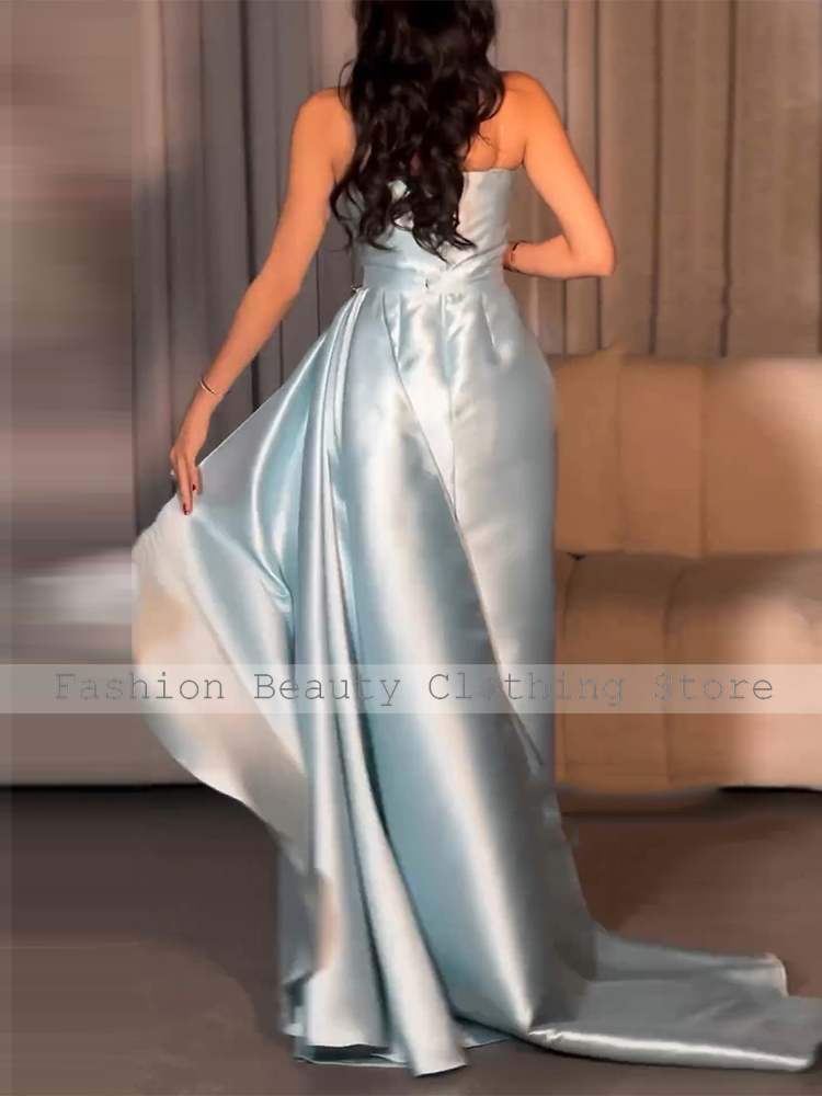 Robes de soirée de luxe pour femmes, bleu ciel, en Satin, fente latérale, colonne, longue drapée, perles, strass, robe de soirée, 2025