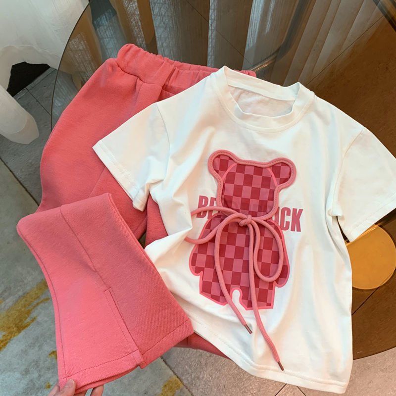 Conjunto de roupas de verão para bebês meninas, camiseta de urso de desenho animado e calças largas, agasalho infantil de manga curta com parte superior e inferior