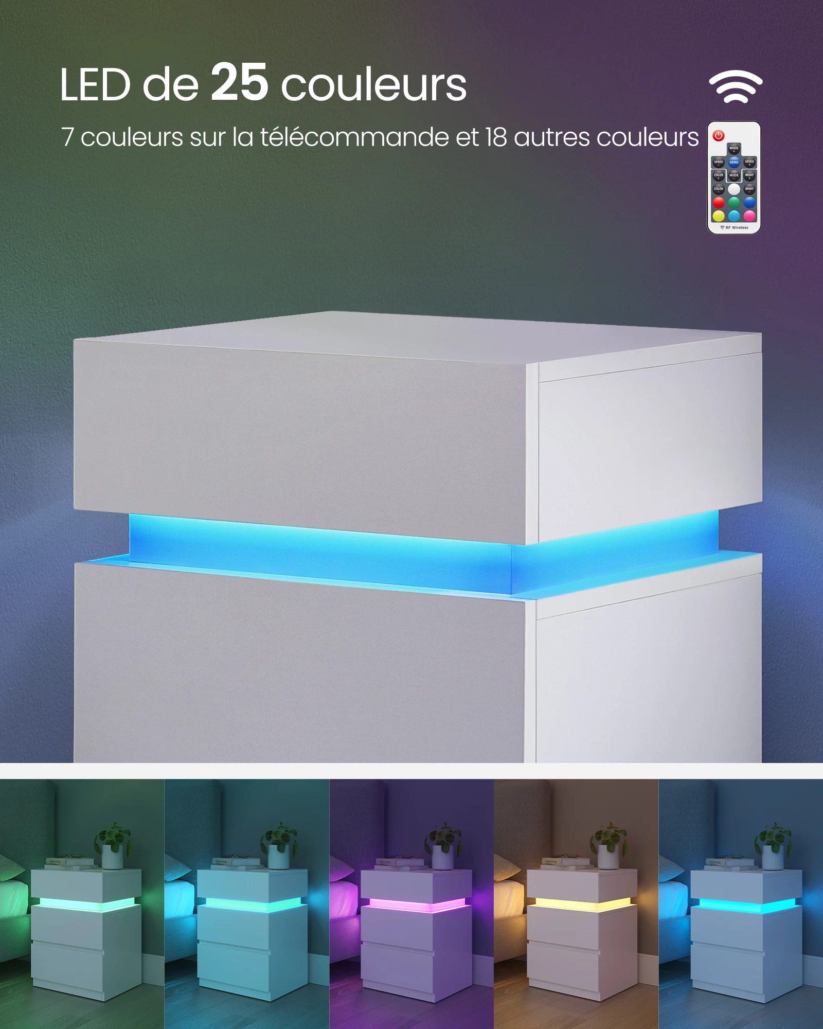 VASAGLE Table de Chevet, avec Bande LED Multicolore Réglable, 3 Tiroirs, Table d’Appoint de Style Moderne, 35 x 40 x 55 cm