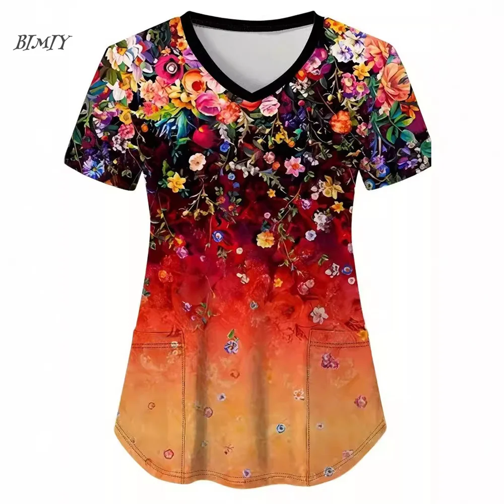 Mulheres trabalho flores camiseta estiramento esfrega uniforme de enfermagem blusa com decote em v manga curta médico esfrega topos com bolsos atacado