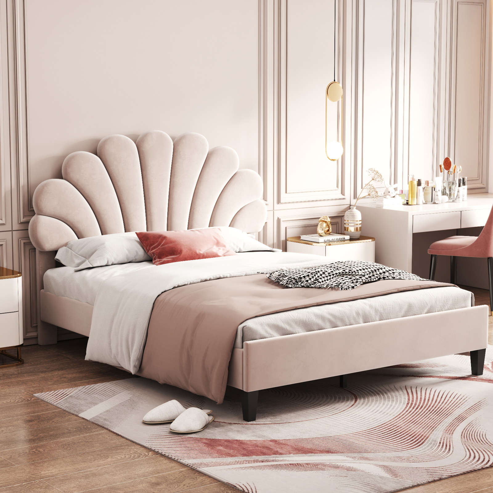 Polster bett mit blumen förmigem Kopfteil und Lattenrost Kinder bett Jugend bett Samt-140x200cm-ohne Matratzen