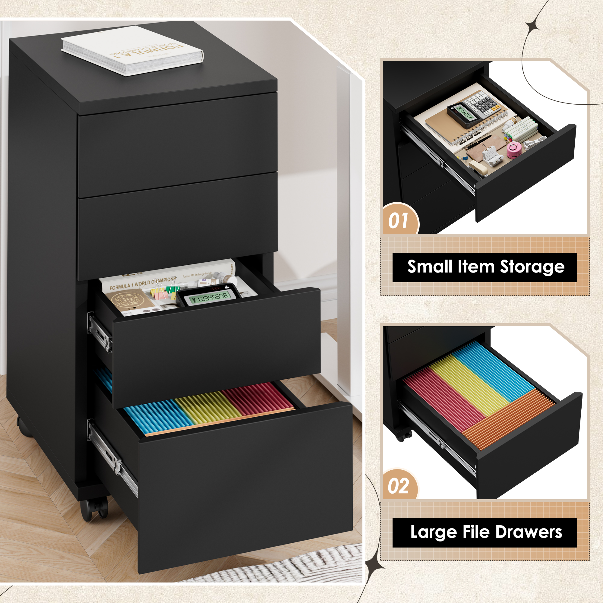 4 Drawers Roll wardrobe Office wardrobe Under desk Home & Office White 33x3