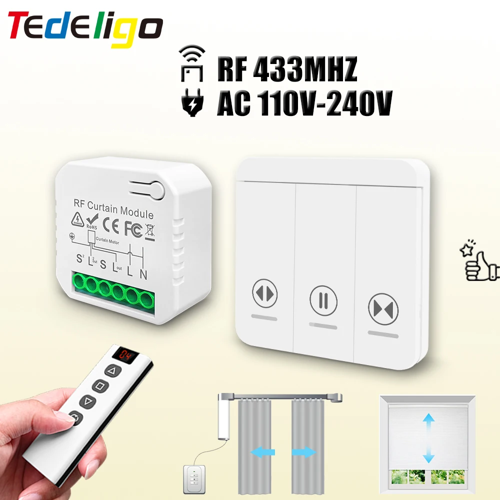 Módulo de interruptor de cortina rf 433 mhz, ac 220v 10a, controladores de obturador com controle remoto sem fio para motor de persianas motorizadas