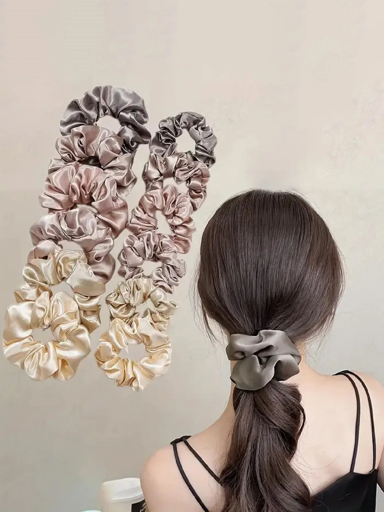 12pçs novo conjunto de anéis de cabelo com laço de salsicha de tecido de cetim cor sólida corda de cabelo