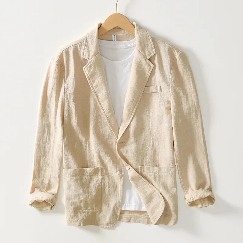 Terno casual de linho e algodão masculino, jaqueta fina solta, ajuste regular, qualidade de viagem, branco, preto, azul, monocromático, outono, 2023