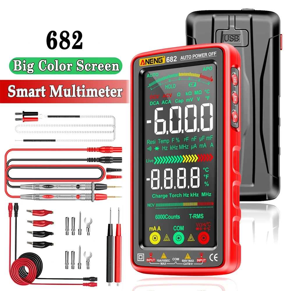 VA Reverse Display Non-contact Multimeter ANENG 682 AC/DC Current Voltage Capacitance Resistance USB Rechargeable NVC Induction