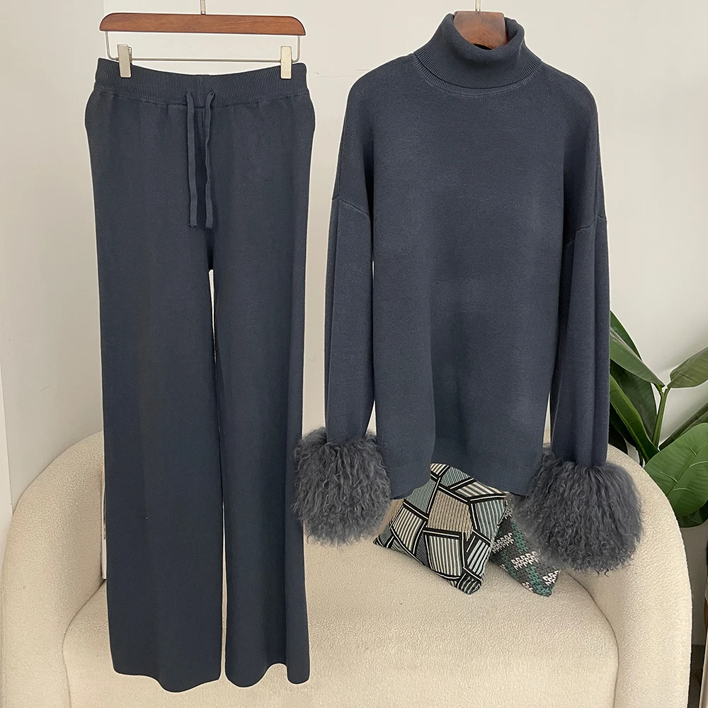 Oftbuy pulôver e calças de malha de lã e mistura conjunto de suéter feminino com punhos de pele de ovelha mongol real terno de malha de alta qualidade