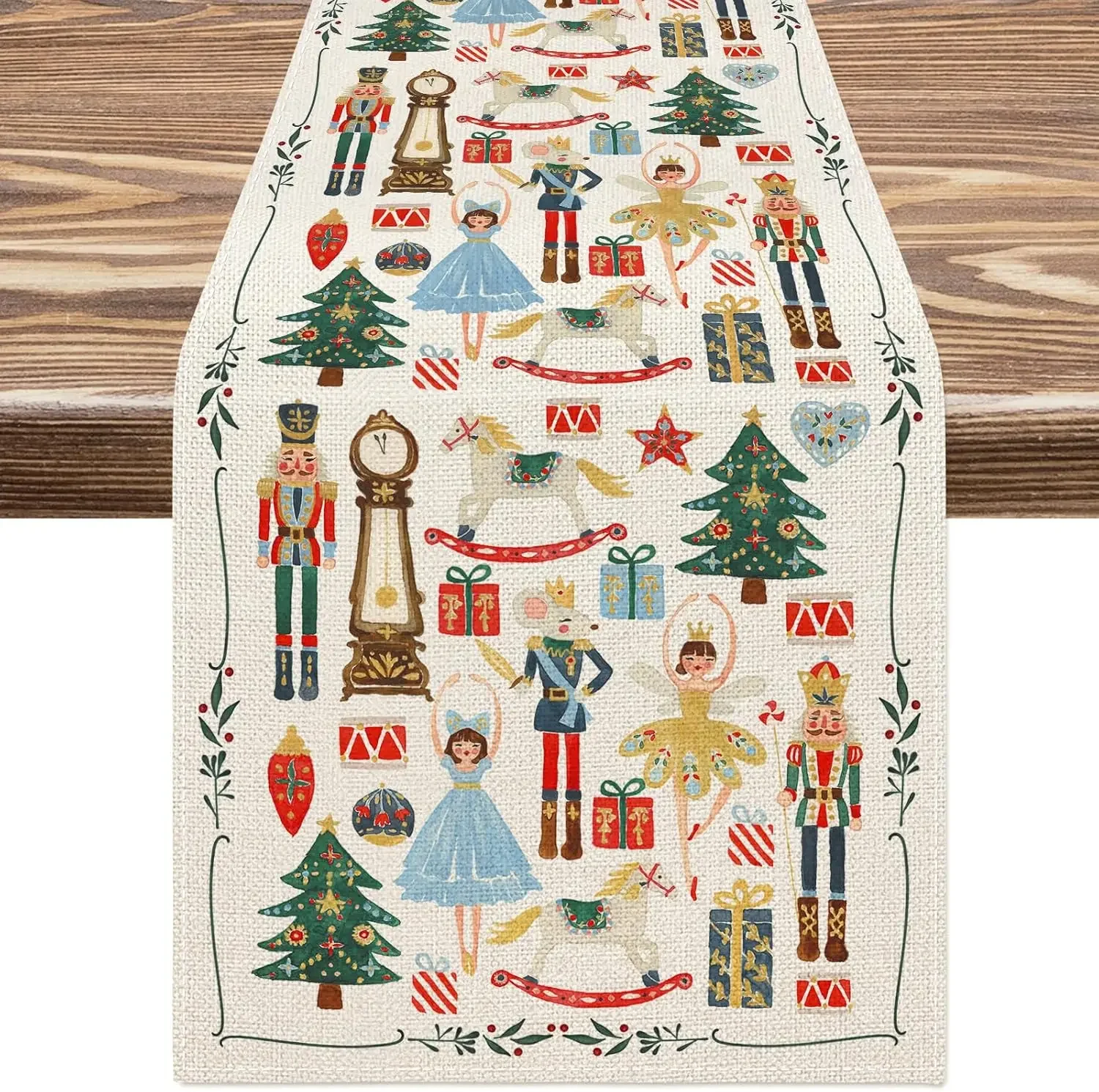Caminos de mesa de lino Cascanueces de acuarela navideña, tocador, bufanda, decoración, caminos de mesa de comedor de granja, decoraciones navideñas