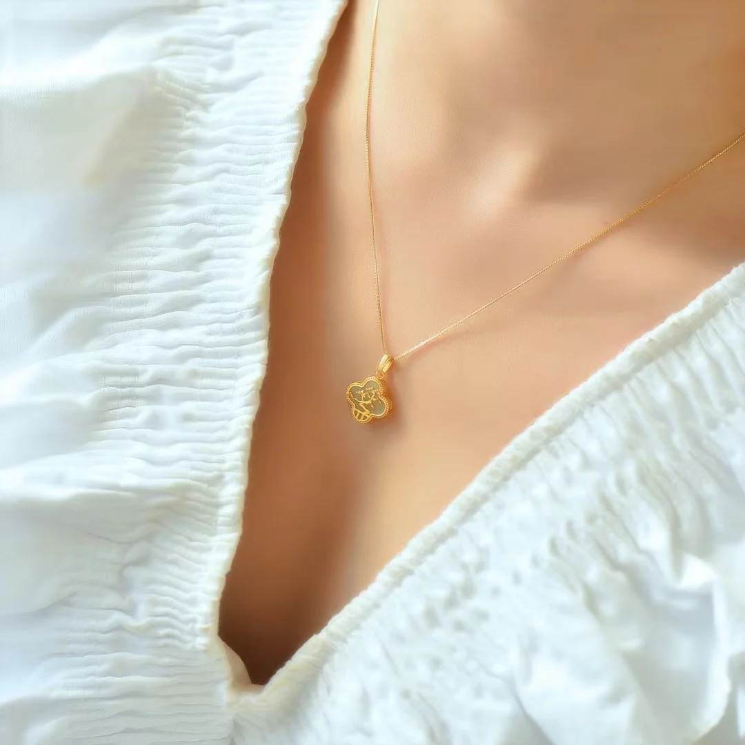 925 Pingente de Jade Hetian Incrustado para Mulheres, Pedra da Sorte Natural, Colar Trevo de Quatro Folhas, Jóias com Charme Retro