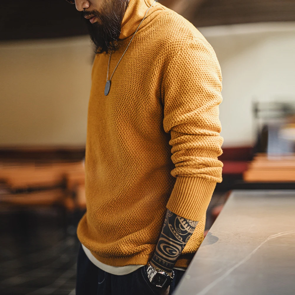 Maden ใหม่ Vintage ครึ่ง - เสื้อคอเต่าถักเสื้อกันหนาวสีเหลือง Base Layer Pullover สวมใส่ด้านในที่อบอุ่นสําหรับชายฤดูใบไม้ร่วงและฤดูหนาว