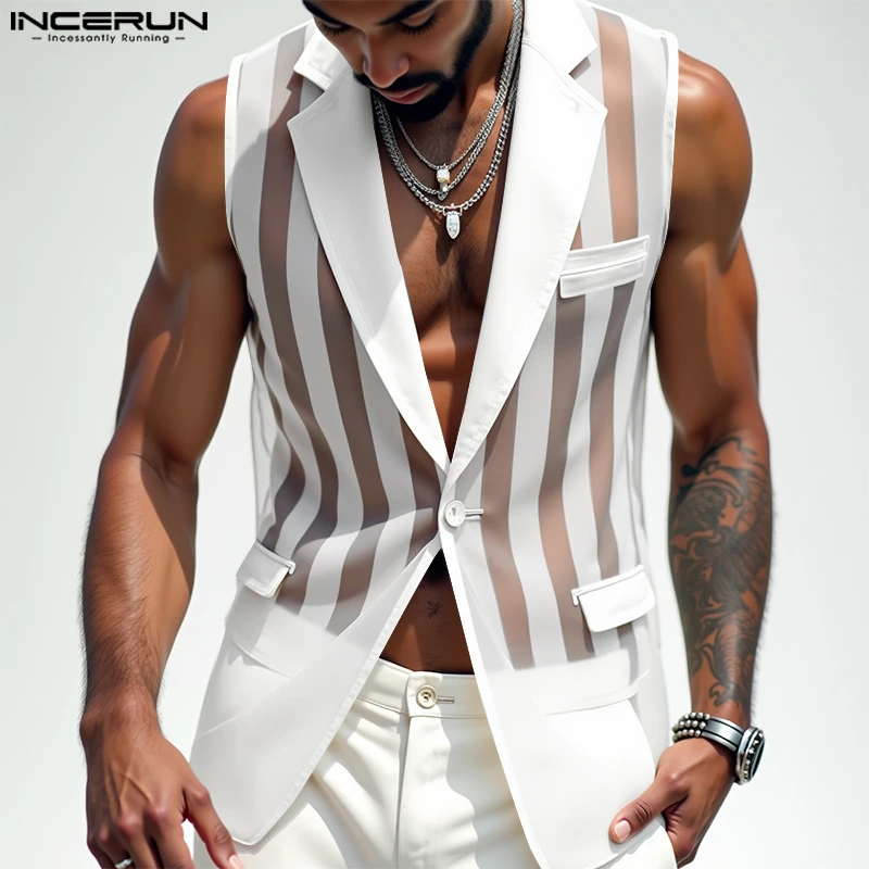 Coletes masculinos malha listrado transparente sexy lapela sem mangas um botão coletes masculinos streetwear 2025 moda coletes casuais incerun
