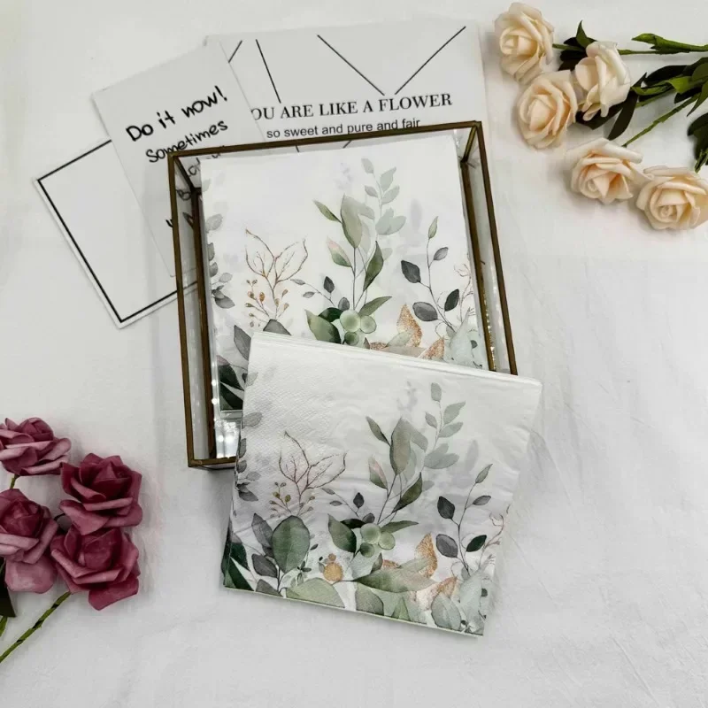 カラフルなプリントナプキン、2プライ、森の緑の葉、ホテル、レストランのテーブルデコレーション、ワイングラス、花、紙のランチョンマット、20個